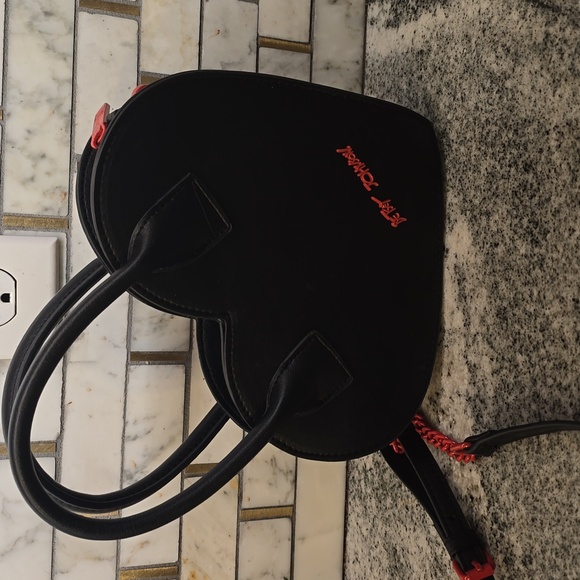 Betsey Johnson Black & Red Heart Shaped Studded Crossbody Bag - Picture 3 of 8